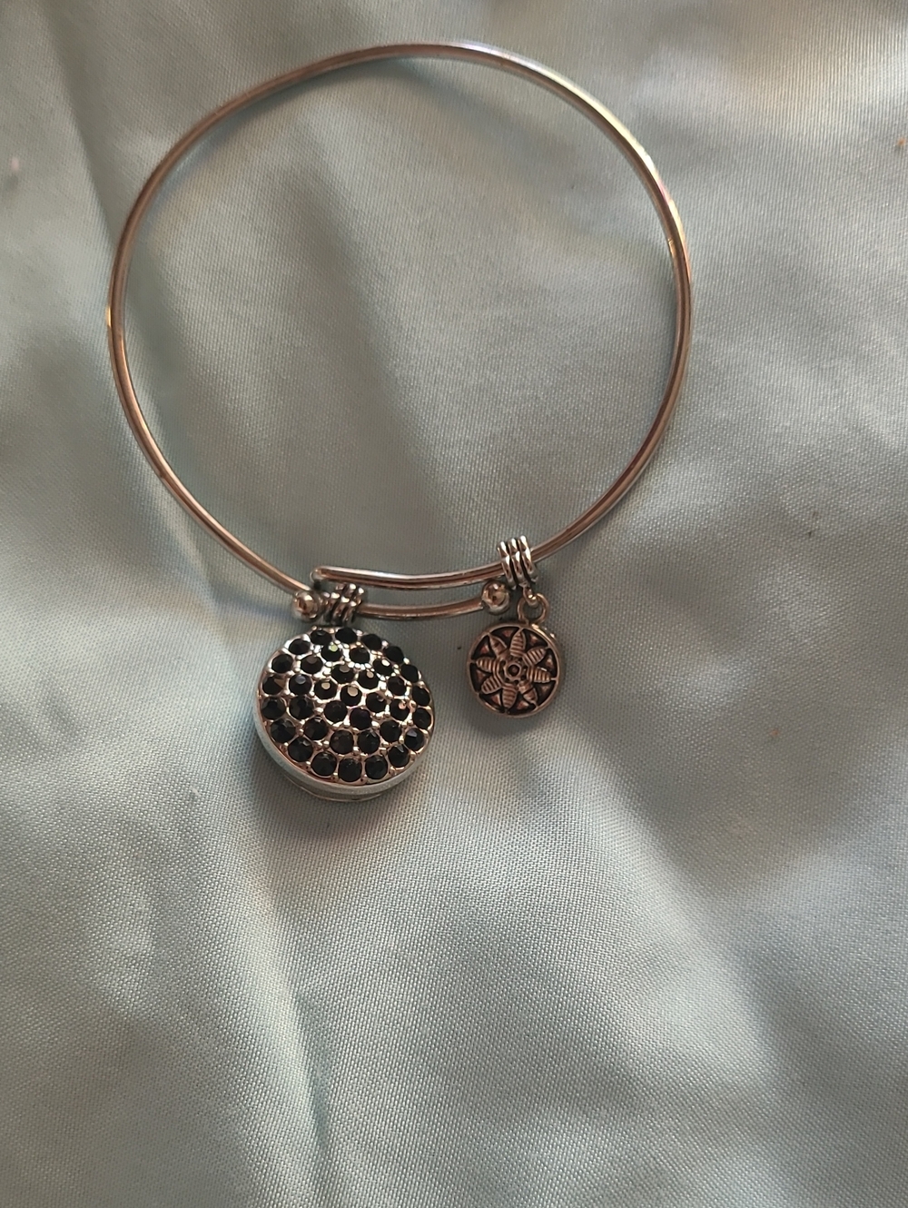 Silver-Tone Black Crystal Charm Bangle Bracelet